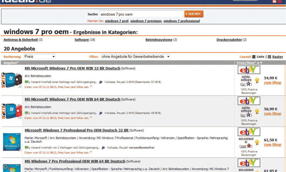 Eine Preissuchmaschine im Internet zeigt Online-Shops mit günstigen Lizenzen für Windows 7 Professional.
