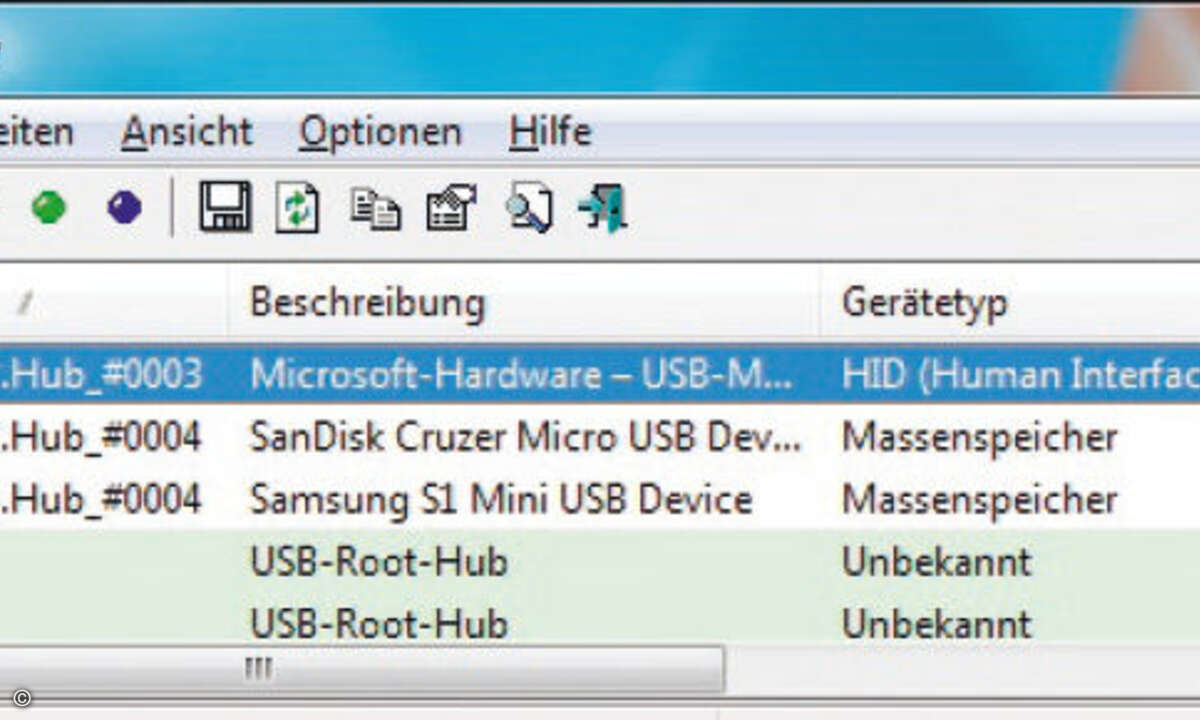 Das Programm USBDeview zeigt alle an den Rechner angeschlossene USB-Geräte an.