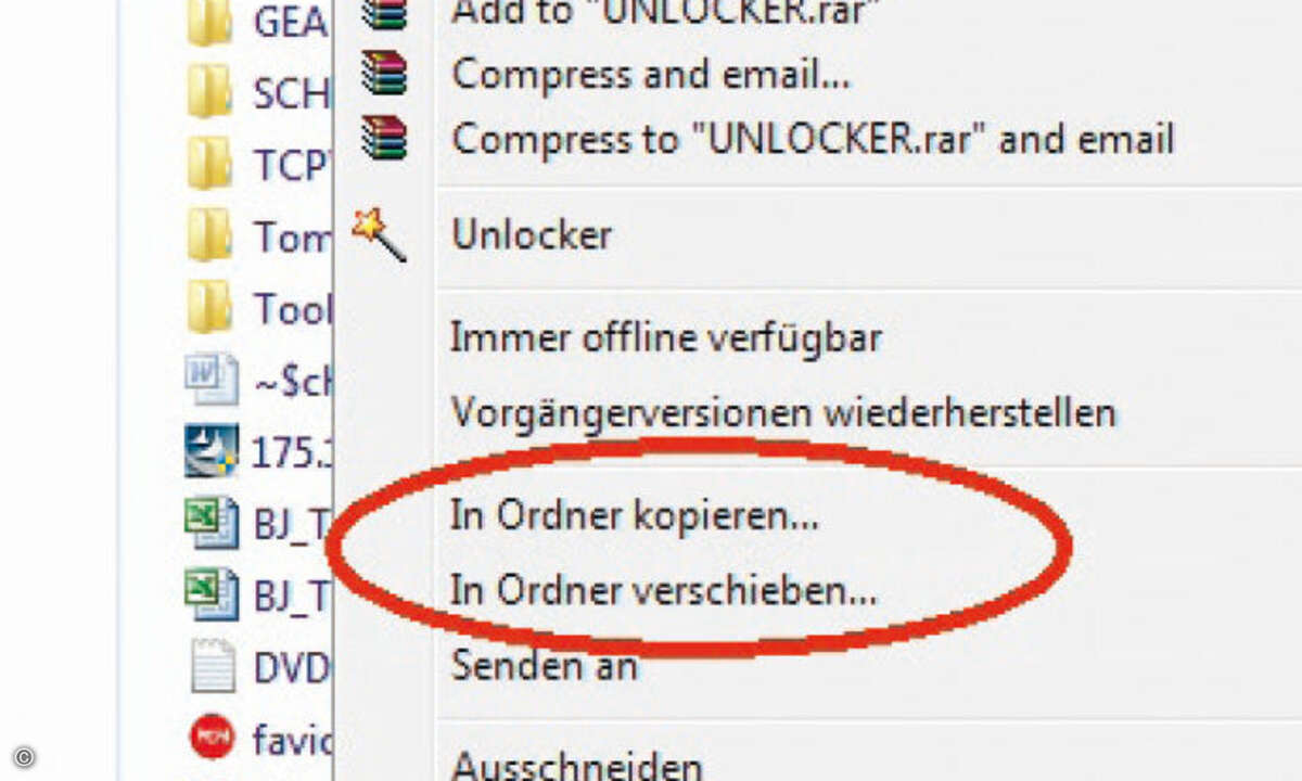 Zusätzliche Kontextmenü-Einträge wie „In Ordner kopieren…“ oder „In Ordner verschieben“ erleichtern die Arbeit.