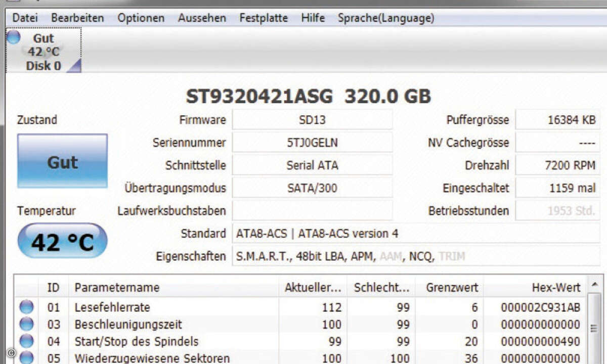 Alles in Ordnung: Das Tool CrystalDiskInfo meldet 42 Grad und einen guten Gesundheitszustand der Festplatte.