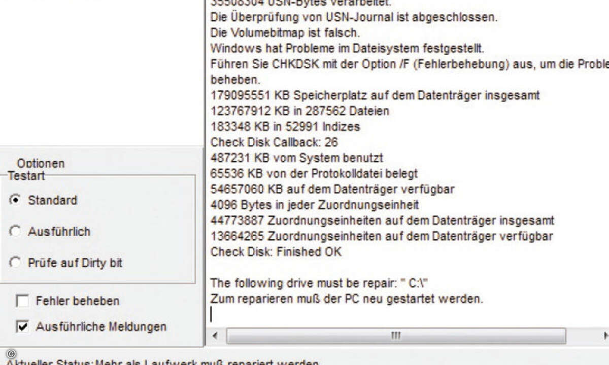 Selbst im Schnelldurchgang hat Check Disk 1.3 Probleme und Fehler im Dateisystem festgestellt.