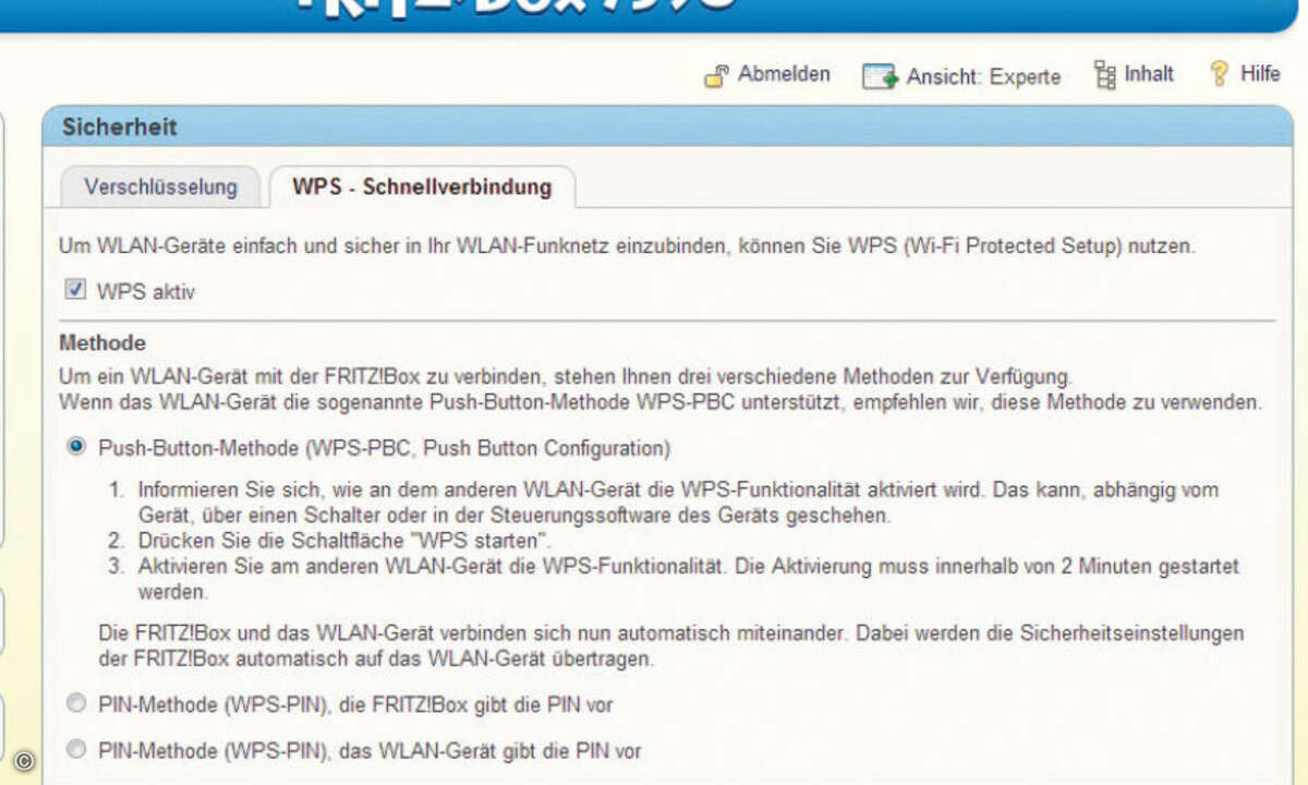 Bei der Fritz!Box mit integriertem n-WLAN-Access- Point ist die sichere Push- Button-Configuration“ (PBC) voreingestellt.