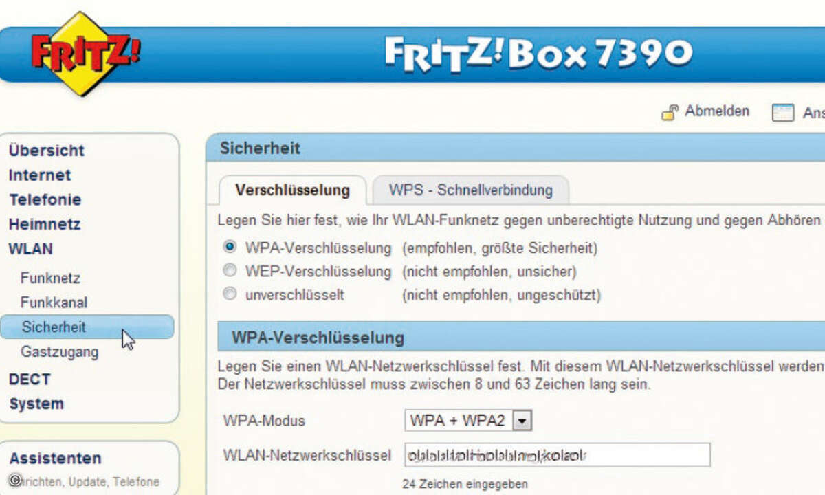 Nach Eingabe des Router-Kennworts erscheint die Benutzeroberfläche Ihres Routers. Wechseln Sie zu den WLAN-Sicherheitseinstellungen (bei AVM: „WLAN/Sicherheit“).