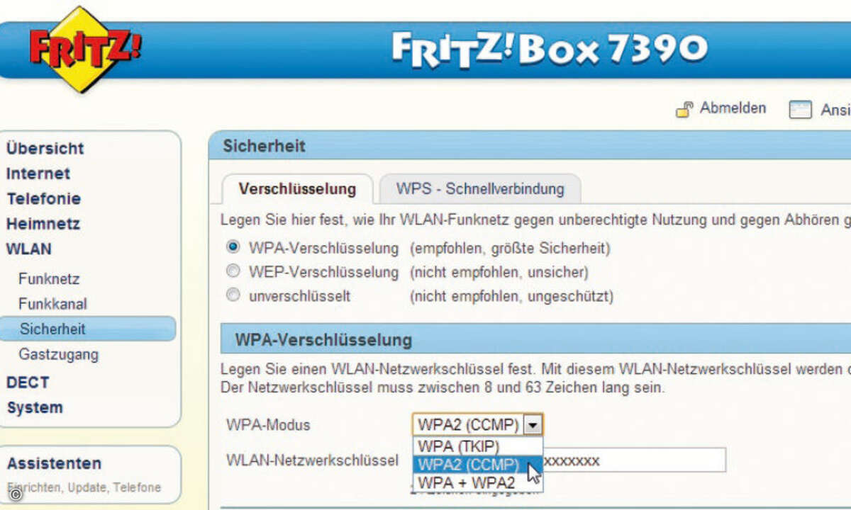 Ändern Sie nun den meist voreingestellten kombinierten „WPA + WPA2“-Modus in den reinen „WPA2“-Modus. Bei AVM ist das „WPA2 (CCMP)“. Bestätigen Sie die Änderung mit „Übernehmen“ oder „OK“.