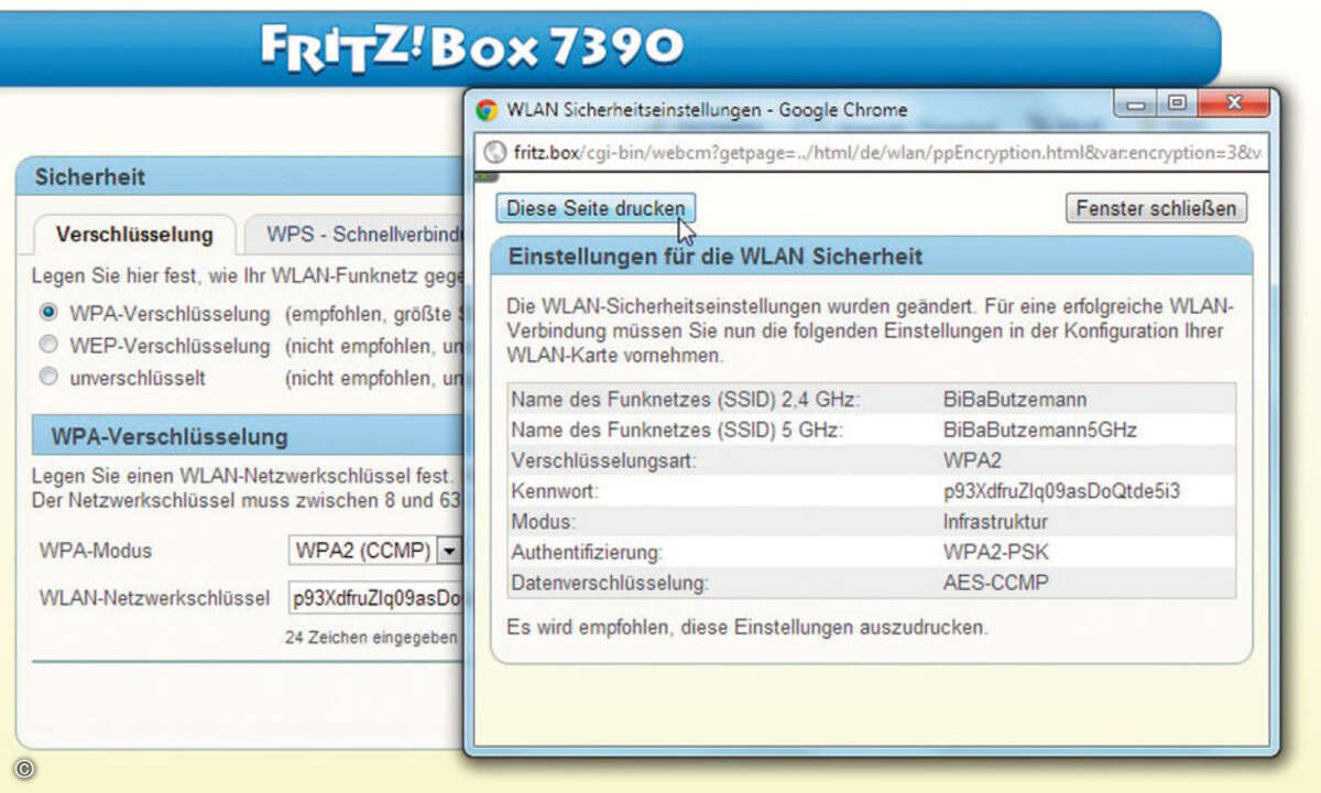 Manche Router bieten den Ausdruck der WLANEinstellungen an. Heben Sie den Zettel an einem sicheren Ort auf.