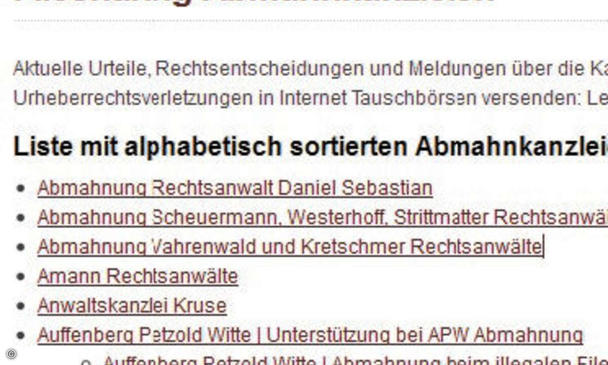 Unter www.wbs-law.de/wurden-sie-auch-wegen-filesharings-abgemahnt ist eine Liste abmahnender Anwälte zu finden. © Hersteller / Archiv