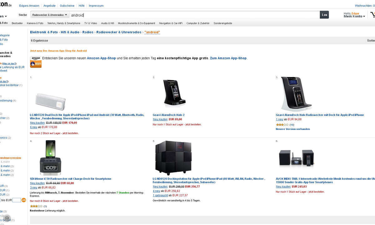 Die Zahl der Radiowecker mit Android-unterstützung hält sich sehr in Grenzen - ganz im Gegensatz zum weniger verbreiteten iOS. (Bild: screenshot amazon.de)