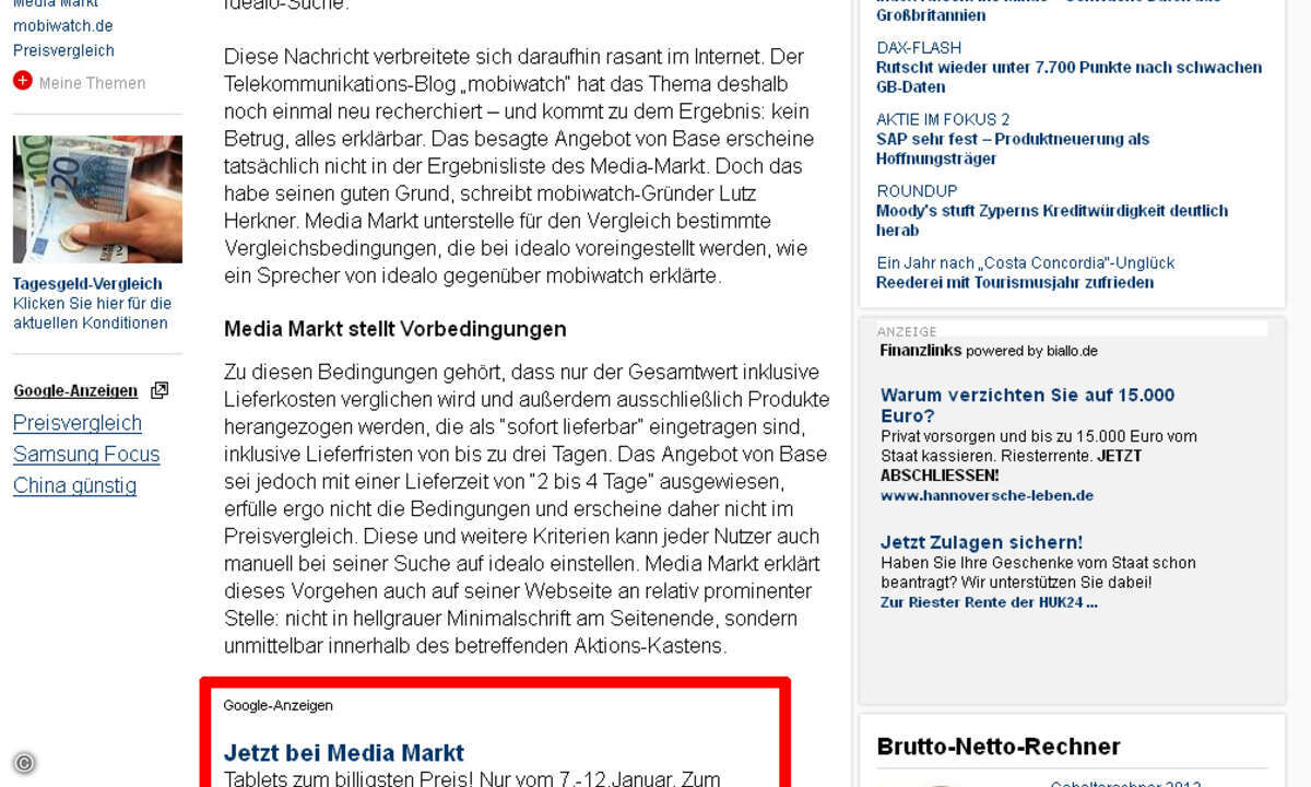 Auch der Focus beschäftigt sich mit unserem Artikel. Flankiert wird der Beitrag - Google und fehlender Kontrolle sei Dank - von zwei Media Markt anzeigen. (Bild: Screenshot / focus.de)