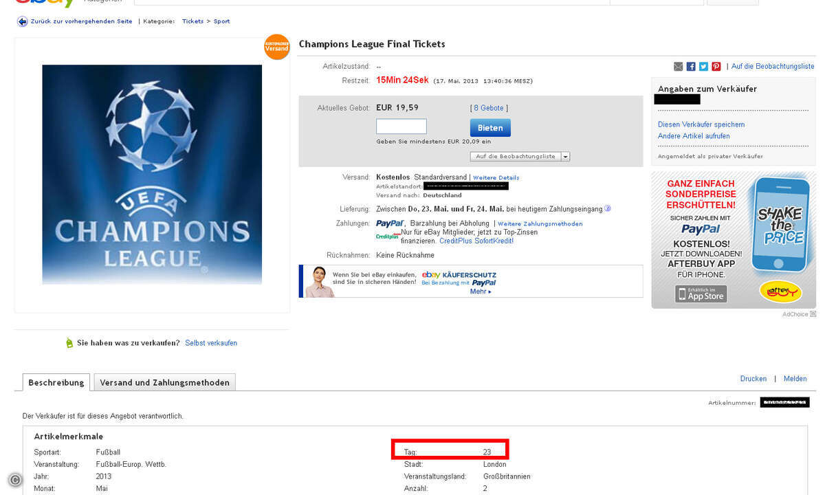 Nur am Datum und Preis erkennt man, dass es sich um das Frauen-Finale handelt. (Bild: Screenshot eBay)