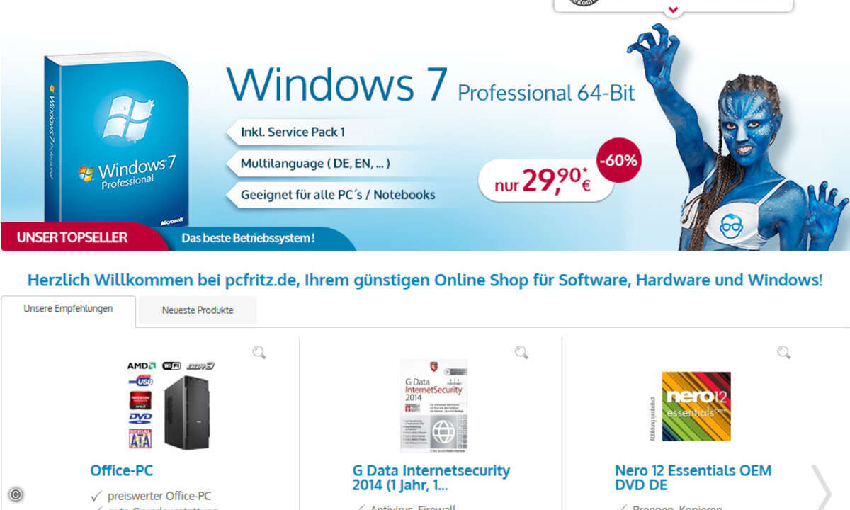 PC Fritz verkauft in seinem Onlineshop auch nach der Razzia noch gebrauchte Windows 7 Datenträger. (Bild: Screenshot, pcfritz.de)
