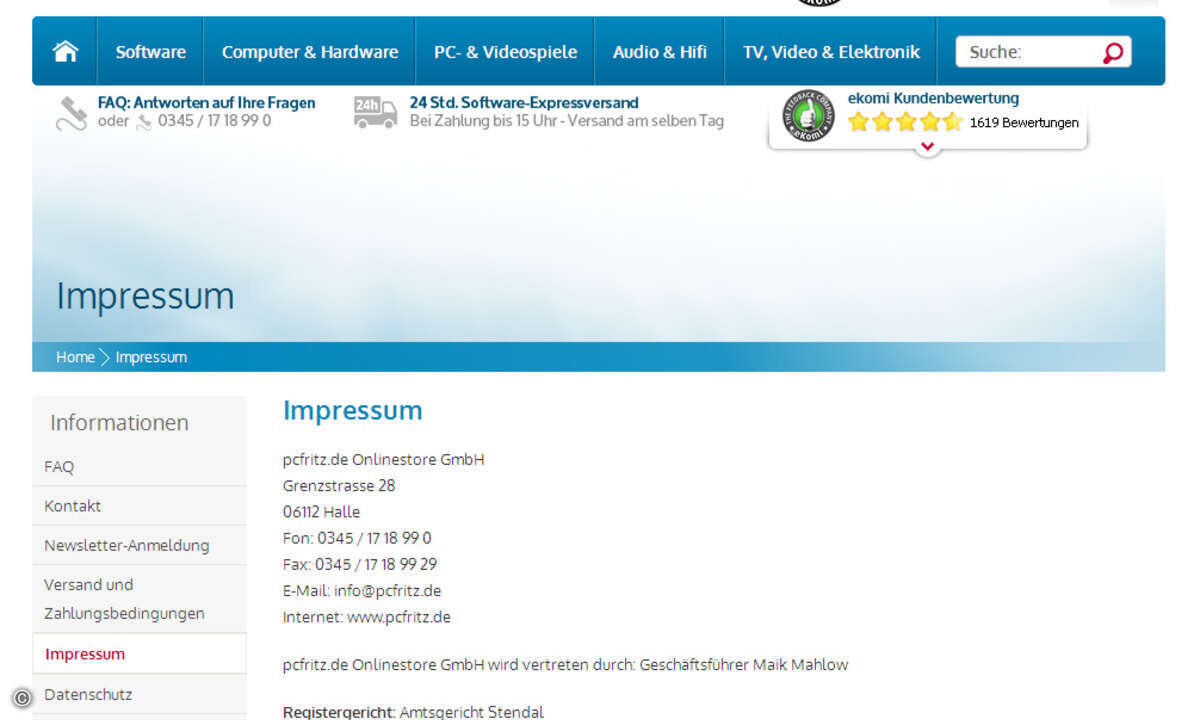 IM Impressum von pcfritz.de findet sich bisher kein Hinweis auf den angeblich neuen Eigentümer. (Bild: Screenshot pcfritz.de, 16.10.2013 18:28)