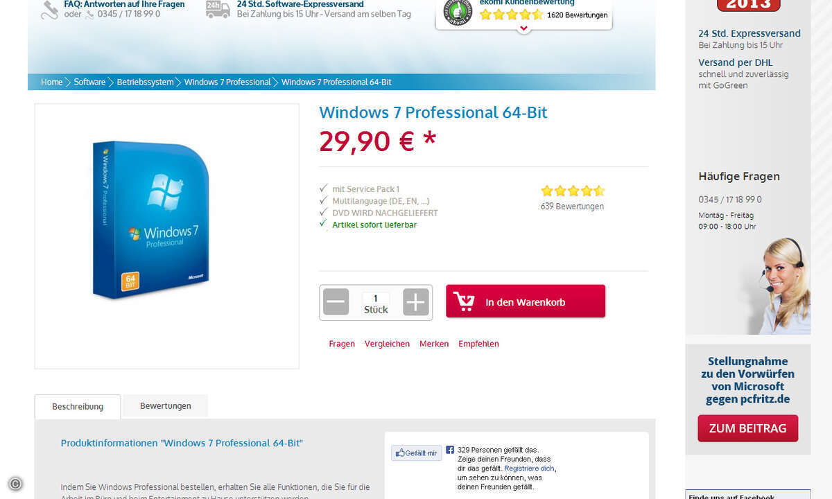 PC Fritz bewirbt das Windows-Angebot mit dem Bild einer neuen Originalverpackung und beschreibt das Angebot als Neuware. Geliefert werden OEM-DVDs in einer PC Fritz eigenen Box von denen Mahlow behauptet, es seien gebrauchte Lizenzen. (Bild: Screensh