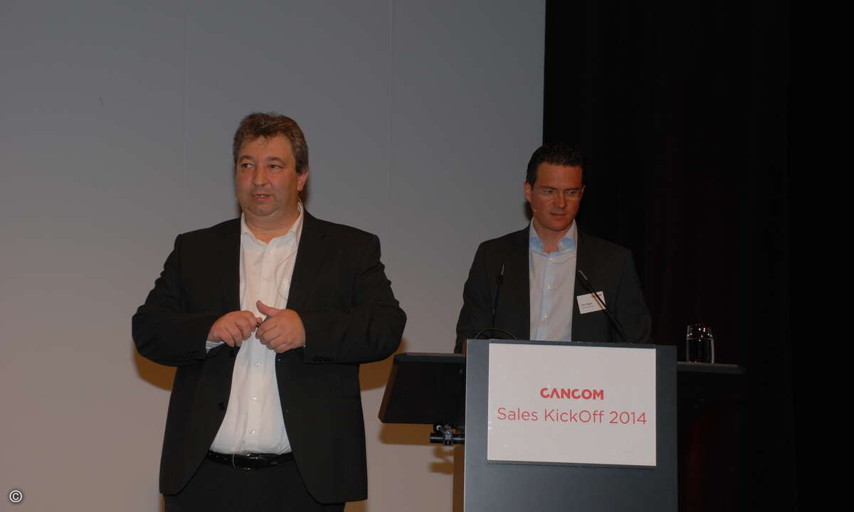 Cancom-CTO Rudi Hotter und Pironet-Chef Felix Höger stellten rund 600 Cancom-Mitarbeitern die Strategie der Cancom SE vor (Foto: CRN)