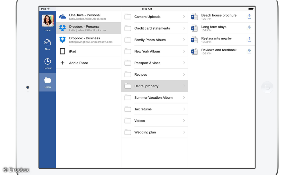 Zugriff auf Dropbox-Dateien aus der Office-App für das iPad heraus