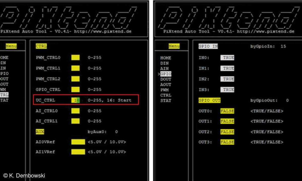Bild 6: Das Programm pxauto eignet sich für erste Tests. Zunächst (links) ist die SPI-Kommunikation zwischen dem Raspberry Pi und dem ATmega32 durch Schreiben des Wertes »16« in das UC_CTRL-Register zu aktivieren. Daraufhin (rechts) können Daten gele
