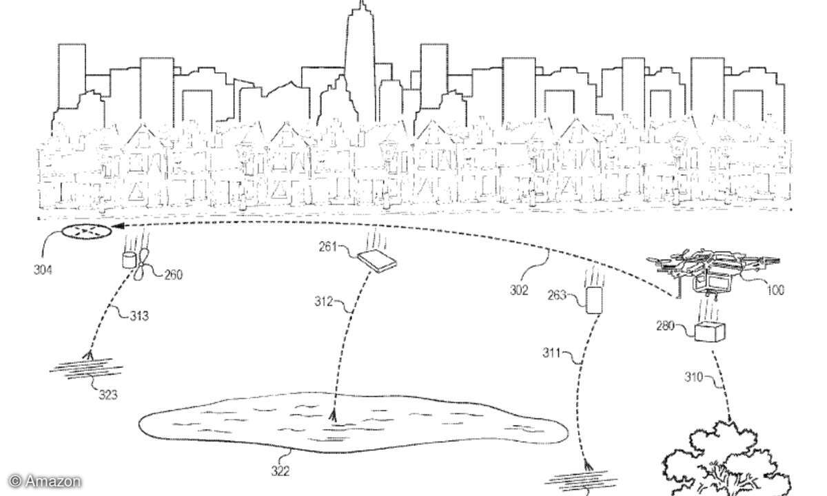Im Patent »Directed fragmentation for unmanned airborne vehicles« beschreibt Amazon, wie eine Lieferdrohen in Notsituationen über unbewohntes Gebiet steuern und einzelne Teile abwerfen kann – die Lieferung selbst landet möglichst in einem Baum