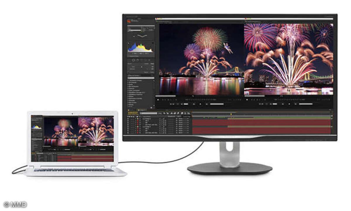 Der Philips 328P6AUBREB kann angeschlossene Notebooks gleichzeitig mit Strom versorgen und nachladen