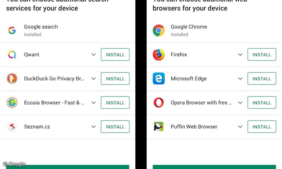 Die beiden neuen Auswahlscreens für Suchen und Browser beim Start von Google Play