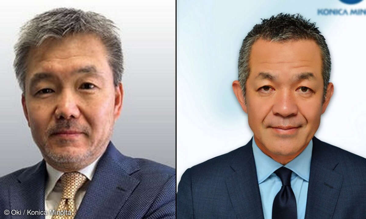 Takaaki Hagiwara, Managing Director von Oki Europe (links) und Kiyotaka Suhara, neuer Präsident der Europa-Organisation von Konica Minolta Business Solutions