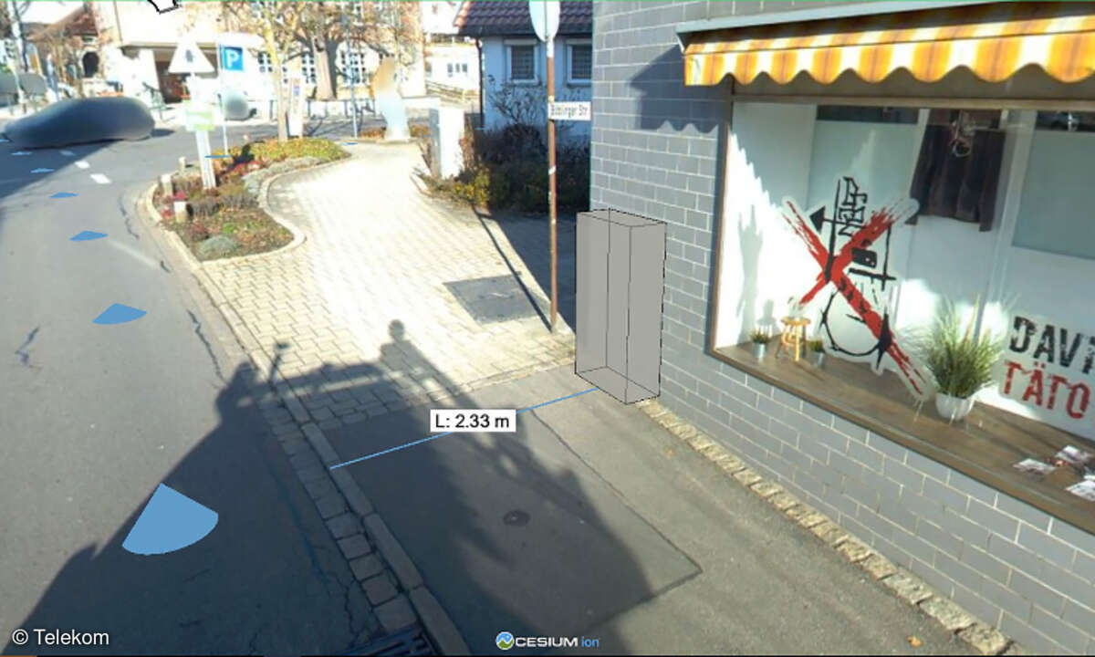 In 3D lässt sich die genaue Position der Netzverteilerkästen bestimmen, ausmessen und als Fotomontage dem Genehmigungsantrag beifügen.