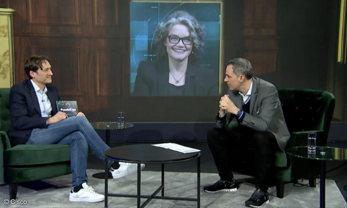 Cisco-Chef Uwe Peter im Gespräch mit Cedrik Neike von Siemens und Claudia Nemat von der Telekom.