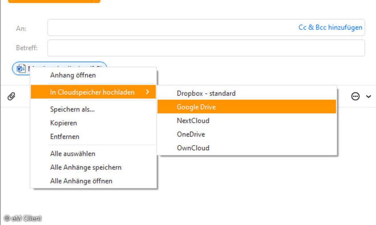 Die Verwaltung von Anhängen mit  den gängigen Cloud-Speicherdiensten   in eM Client 8.2.