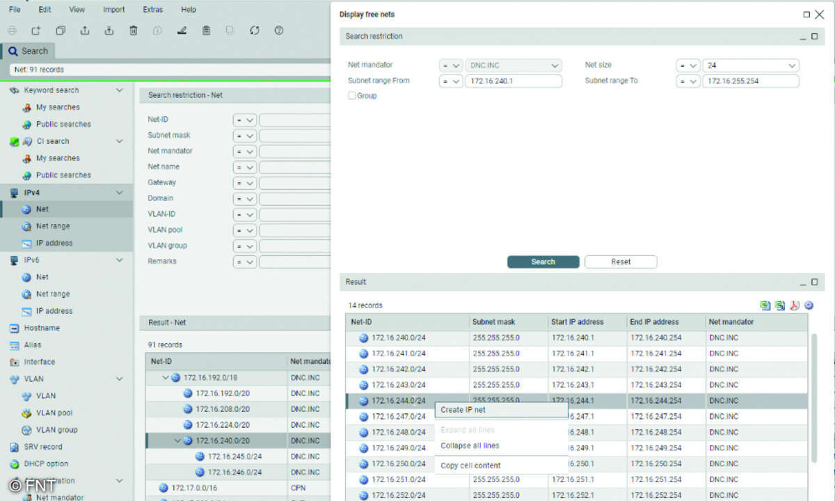 Systemansicht: Suchen und Anlegen eines IP-Netzes