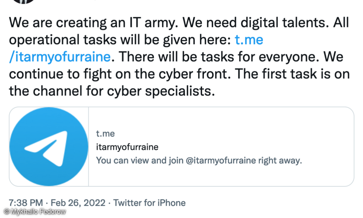 Der ukrainische Digitalminister Mychailo Fedorow rief Computerfachleute der ganzen Welt auf, sich im Namen seines Landes einer „IT-Armee“ anzuschließen.