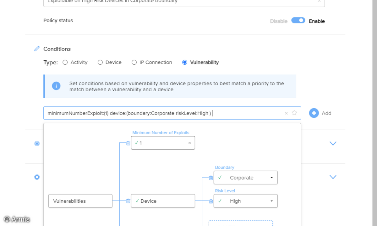 MIt der Armis-Plattform kann das Security-Team individuelle Filter anlegen, um Aktivititäten zur Mitigation von Schwachstellen je nach Risikolage betroffener Assets zu priorisieren.