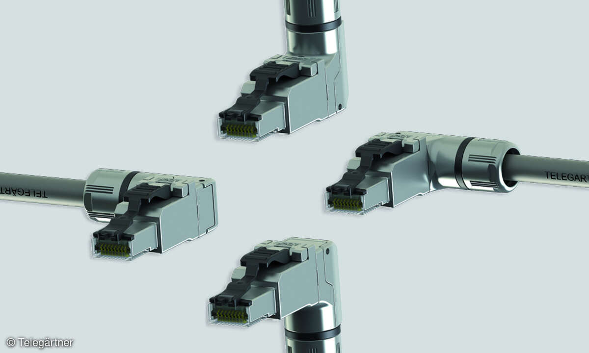 Bild 4. Beim feldkonfektionierbaren RJ45-Stecker MFP8 4x90 von Telegärtner kann der Kabelabgang vor Ort nach oben, unten, links oder rechts gewählt und auch nachträglich noch geändert werden.