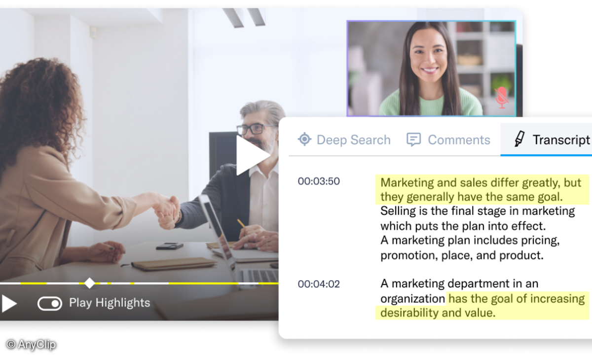 AnyClips Highlights-Funktion dient dazu, die relevanten Informationen eines Meetings schnell zu ermitteln.