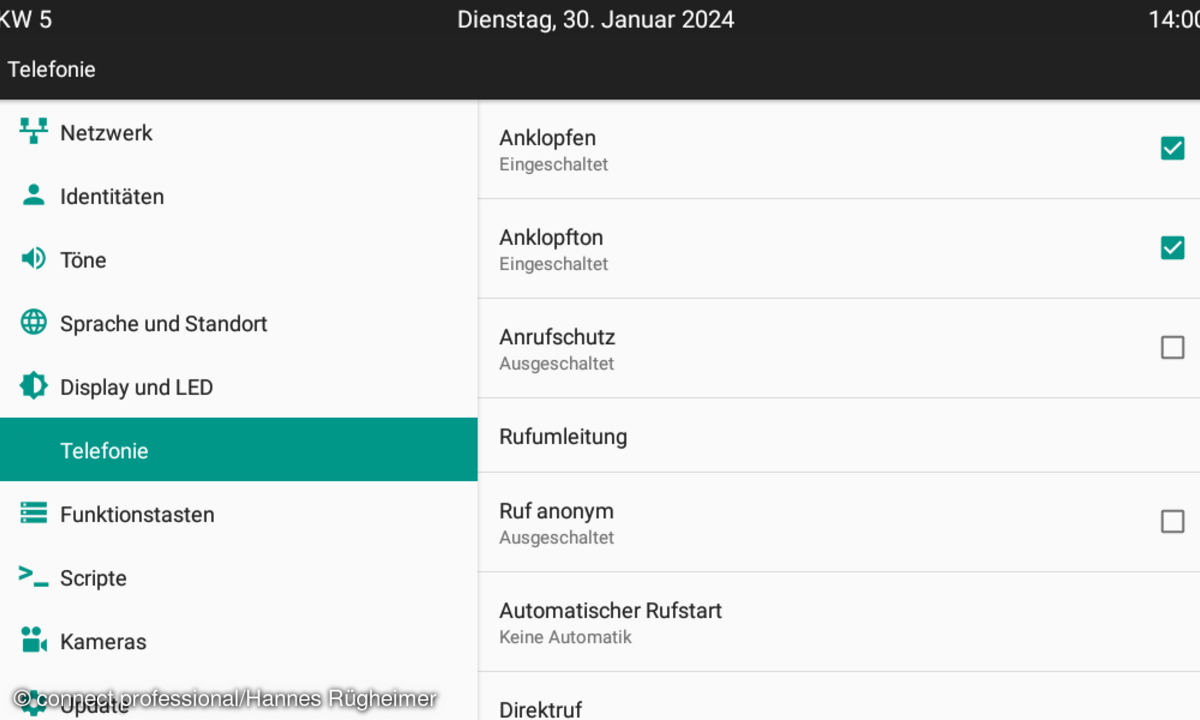 Auerswald D-600 Screenshot vom Display Telefonieeinstellungen