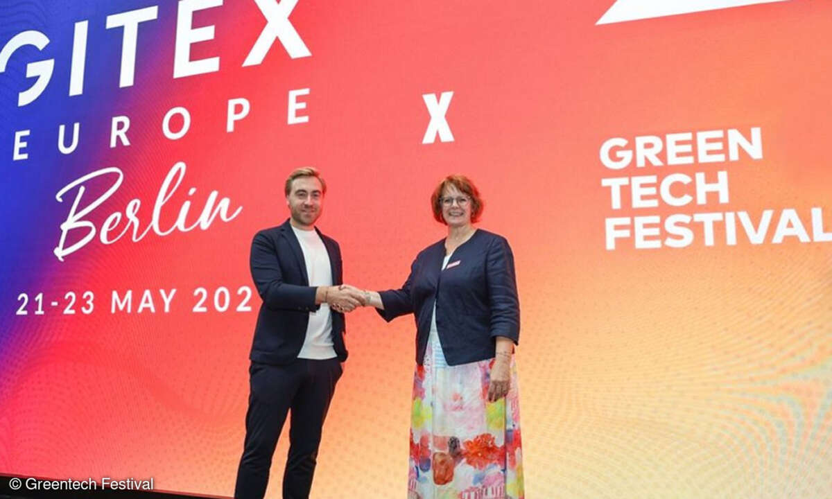 Maximilian Wasler, CEO des Greentech Festivals, und Jutta Jakobi, Managing Director Eu-rope Kaoun International für die Gitex Europe