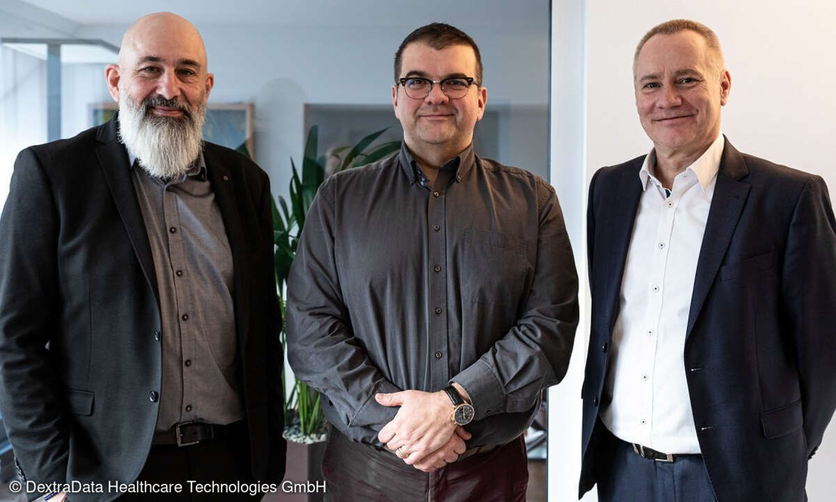 Matthias Beuth (CEO DextraData Healthcare Technologies), Shayan Faghfouri (geschäftsführender Gesellschafter DextraData GmbH) und Holger Meyer (CSO/COO DextraData Healthcare Technologies v.l.n.r:).