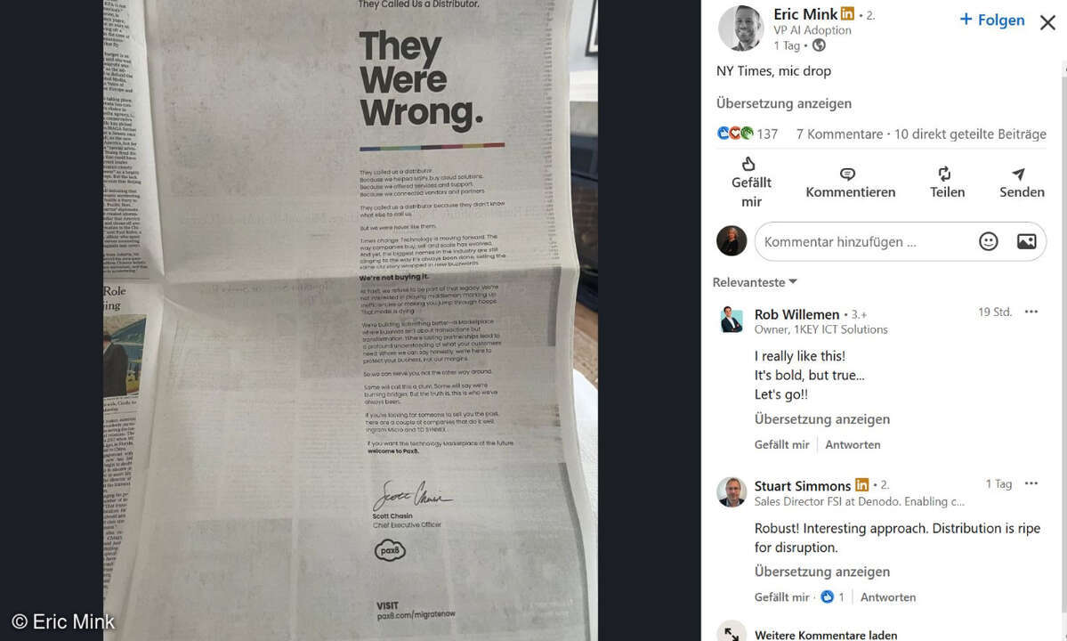 Eric Mink postete die Anzeige von Scott Chasin auf Linkedin