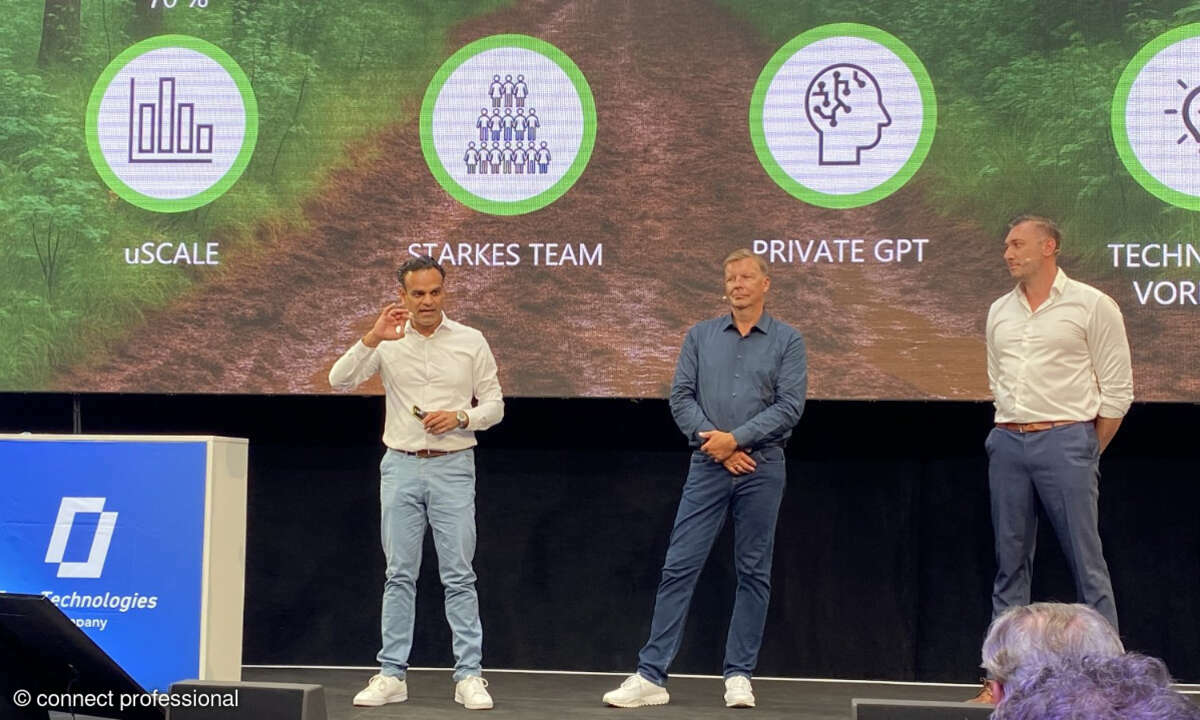 Santosh Wadwa, Maik Homscheid und Julius Berger (von links) bei der Channel-Keynote auf dem Fsas Technologies Summit