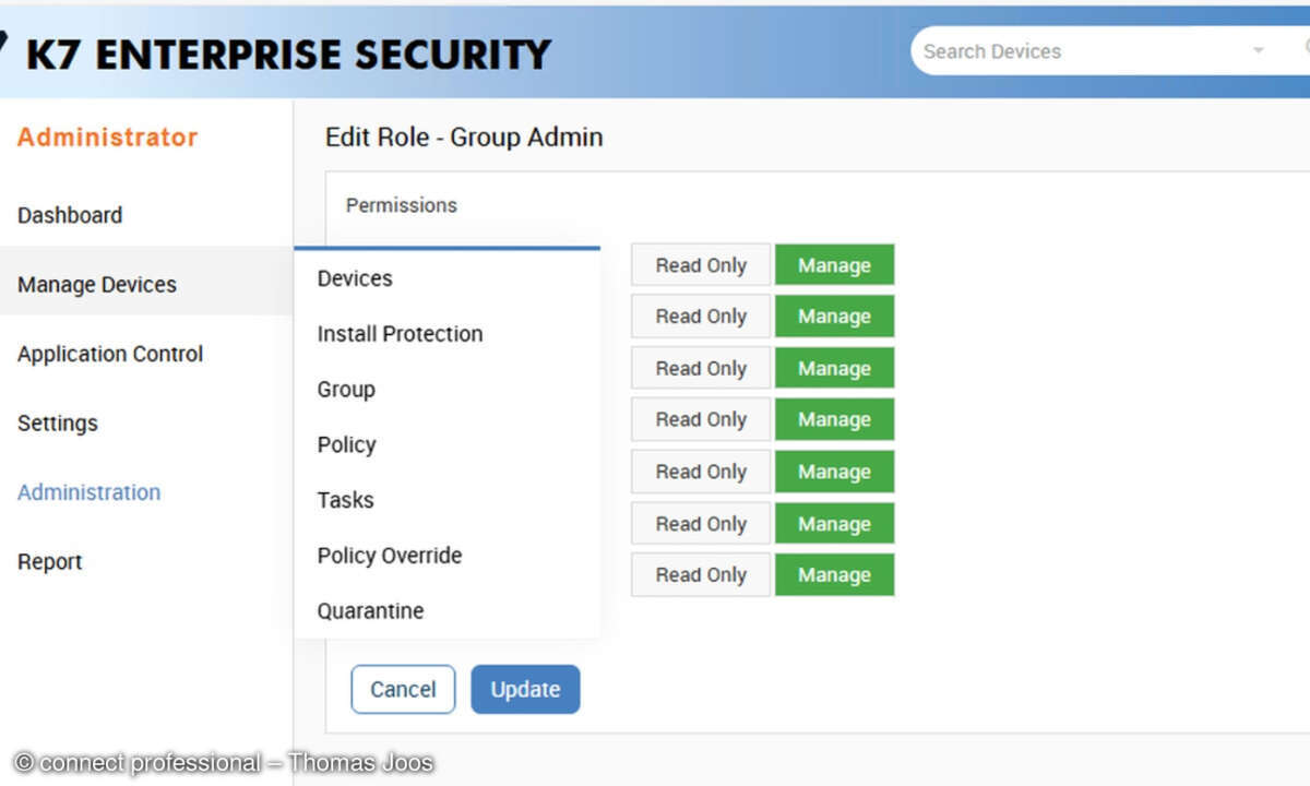 Screenshot K7 Enterprise Security Verwalten der Serverrollen