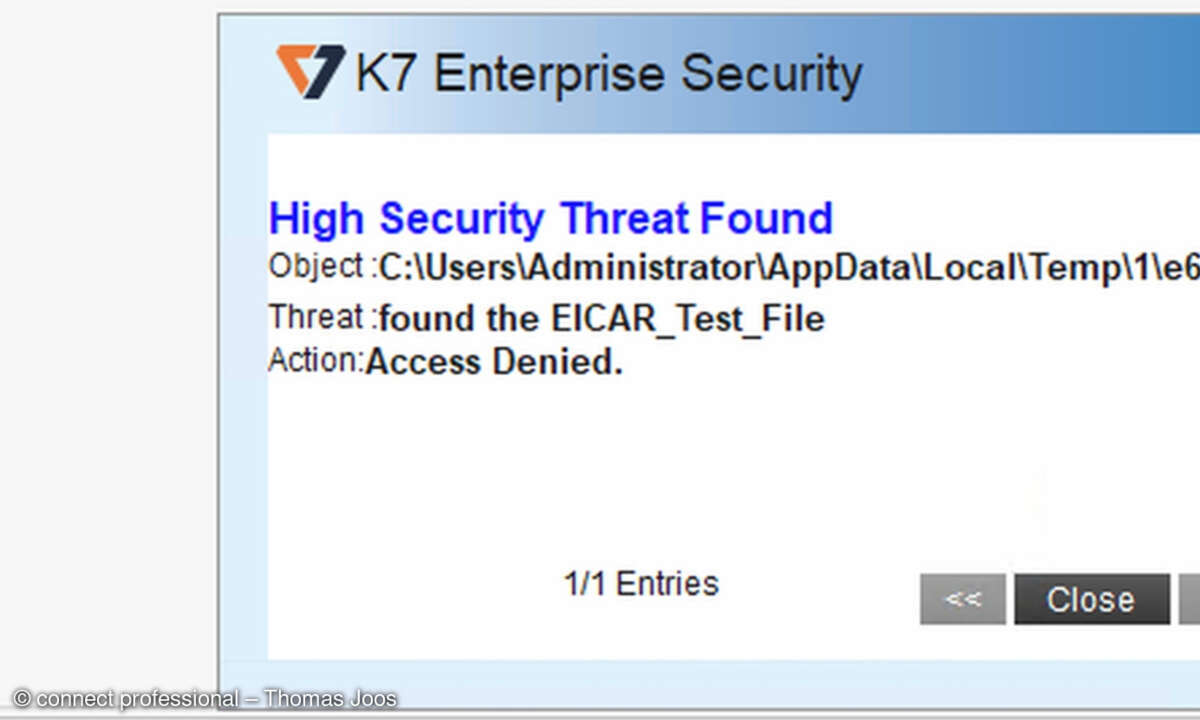 Screenshot K7 Enterprise Security Meldung