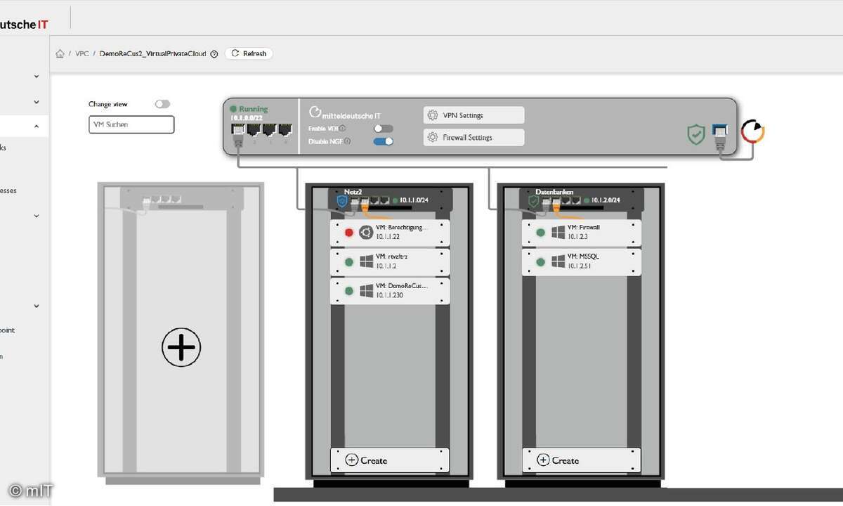 Mit dem von mIT entwickelten IaaS-Manager können Partner für ihre Kunden mit wenigen Mausklicks virtuelle Rechenzentren zusammenstellen