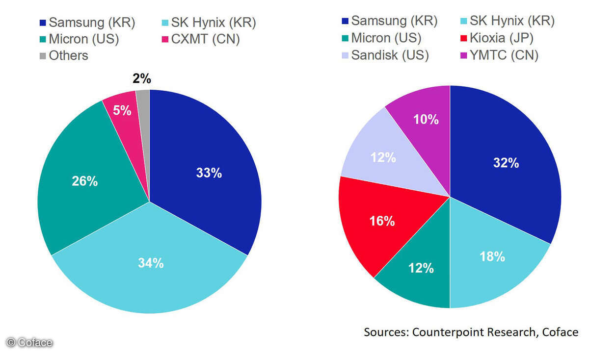 Weltweite Martkanteile bei DRAM (links) und NAND-Speichermodulen